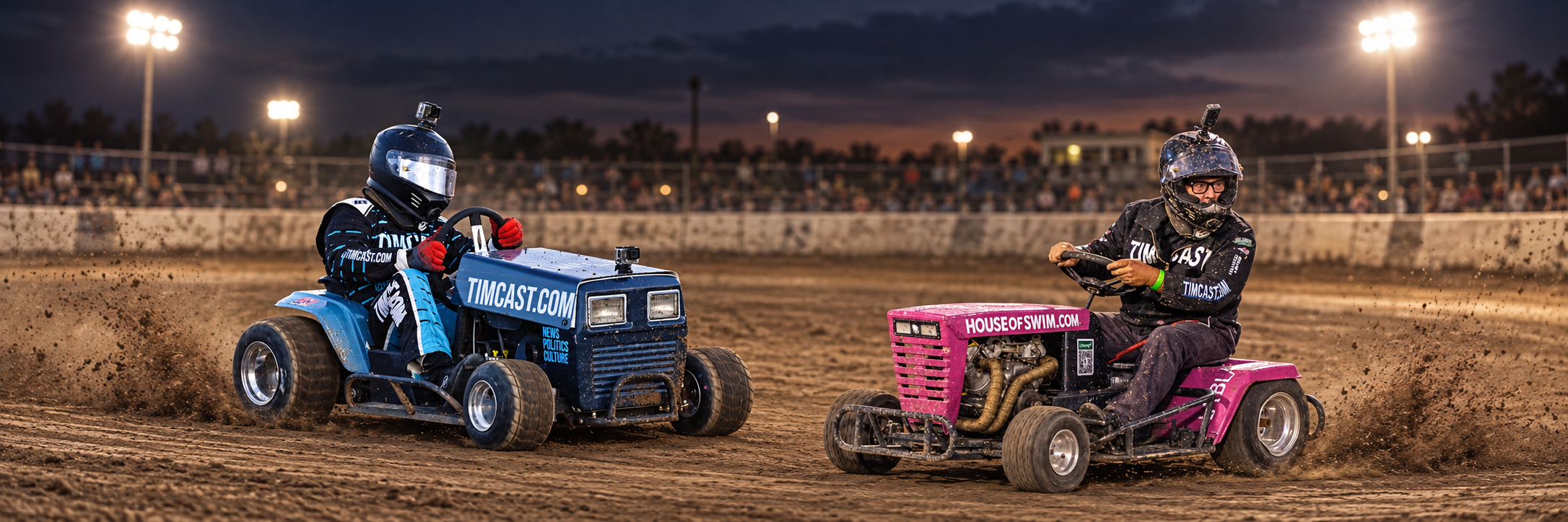 Britt on the blue Timcast and pink House of Swim racing mowers facing inward on a dirt track
